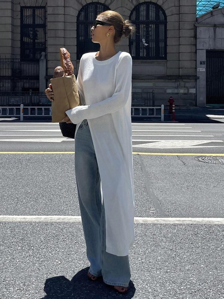 DAZY レディース ルーズ 長袖 裾スリット ロングセーター ニットトップス - ホワイト - 見る 1