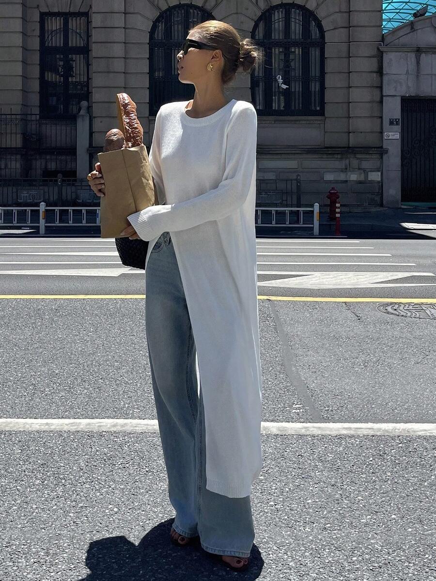 DAZY Women's Loose Long Sleeve Split Hem Long Sweater