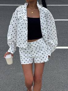 SHEIN EZwear Plus Size Polka Dot Jacket And Shorts 2 Pieces Set, Autumn/Winter Polka Dot Outfit - Black and White - View 7