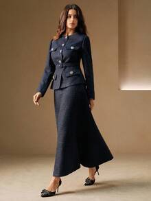 Anewsta 优雅女士时尚水钻套装、办公室/派对西装外套和裙子套装 - 藏蓝色 - 查看 5