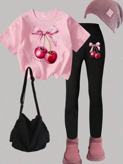 SHEIN 女童休闲水果樱桃字母印花圆领短袖T恤和紧身裤套装，时尚又有型