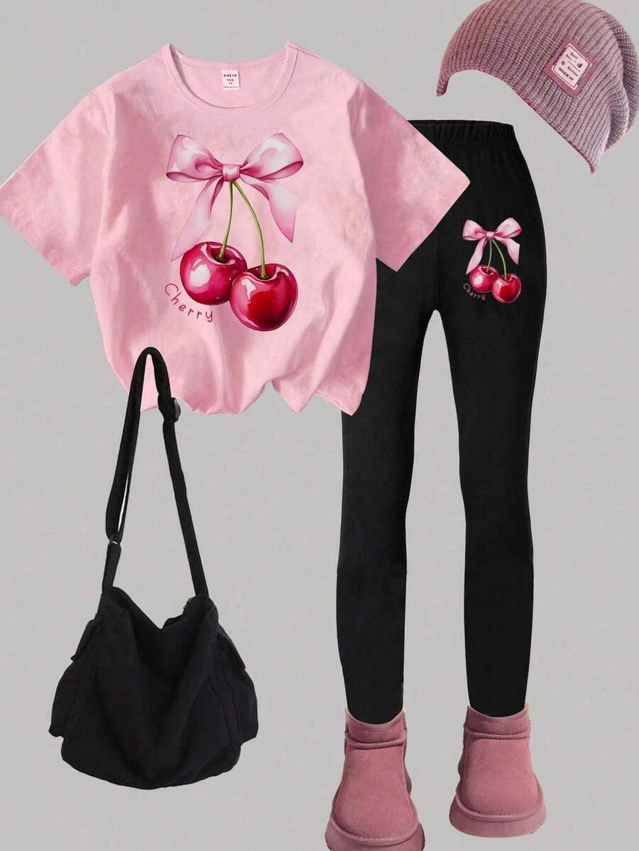 SHEIN Bộ áo thun tay ngắn cổ tròn in chữ hình quả anh đào và trái cây thường ngày cho bé gái, thời trang và sành điệu - Nhiều màu - Xem 1