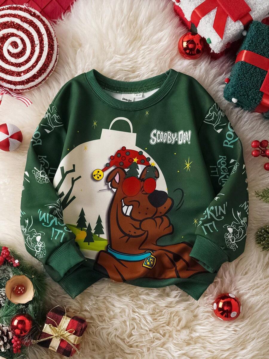 SCOOBY-DOO X SHEIN 小男孩圣诞狗印花圆领休闲运动衫，秋季 - 彩色 - 查看 1