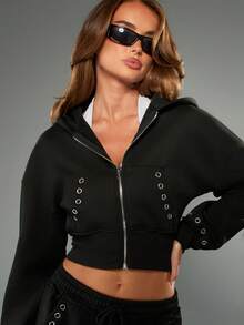 MISSGUIDED Full Zip Cropped Hoodie With Eyelet Detail And Drawstring For Casual Winter Wear - White - View 5