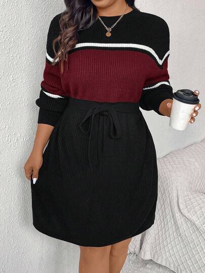 SHEIN Frenchy Plus Size Women Crew Neck Drop Shoulder Long Sleeve Color Block Striped Knit Dress, Autumn