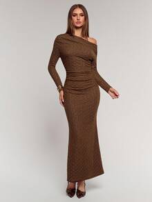 SHEIN BAE Vestido feminino elegante, cor sólida, ombro assimétrico, manga comprida, franzido, bainha rabo de peixe - Castanho - Ver 3