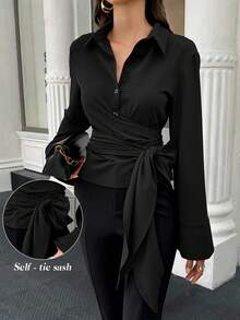 EMERY ROSE Women's Solid Color Twist Shoulder Long Sleeve Casual Versatile Blouse - Black - View 1