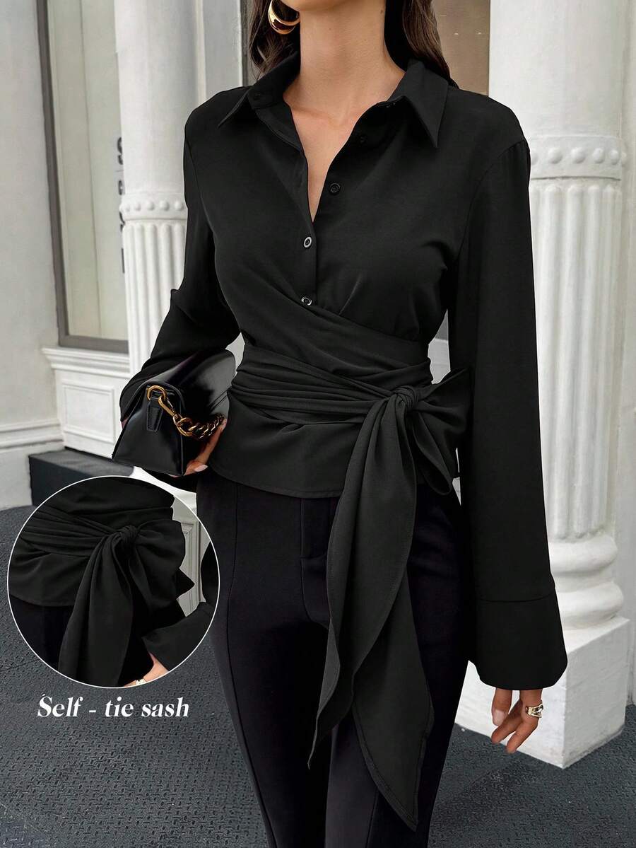 EMERY ROSE Women's Solid Color Twist Shoulder Long Sleeve Casual Versatile Blouse - Black - View 1
