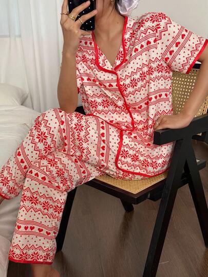 SHEIN Bộ đồ ngủ thường ngày CottageSlumber Bubble Crinkle Heart Boho Style Cardigan dành cho nữ, dành cho Giáng sinh