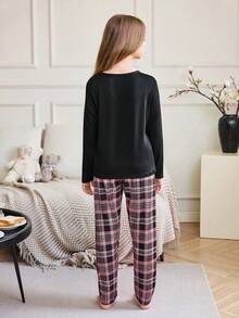 SHEIN 女童休闲针织格子口袋睡衣套装 - 黑色 - 查看 2