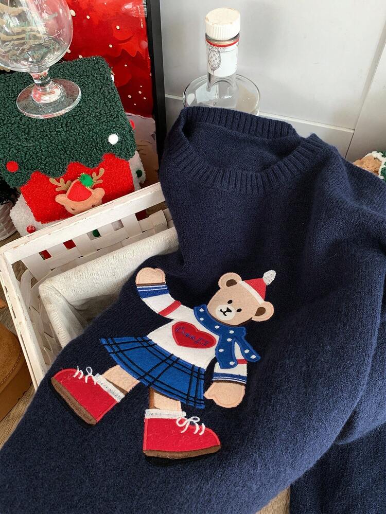 Women's Loose Casual Cute Colorblock Patchwork Cartoon Bear & Letter Print Embroidered Fashionable Knit Sweater, Autumn/Winter Christmas,New Year