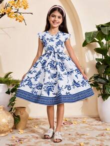 SHEIN Tween Girls' Floral Printed Short Sleeve Dress For Vacation,Holiday,Summer,Travel