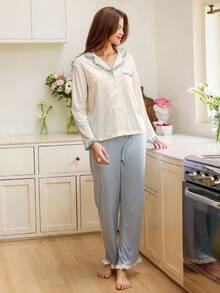 Snug Reverie 撞色蕾丝边纽扣前襟白色上衣和裤子休闲套装，秋季服装 - 白色 - 查看 5