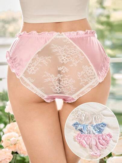 3pcs Satin & Lace Patchwork 3D Floral Romantic Countryside Cute Women's Panties  Cozy And Elegant Details
