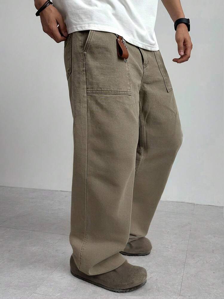Men's Solid Khaki Denim Jeans, Autumn