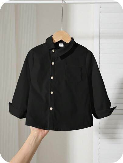 SHEIN 年轻男孩休闲舒适百搭纯色斜襟翻领长袖衬衫，适合毕业季和返校季