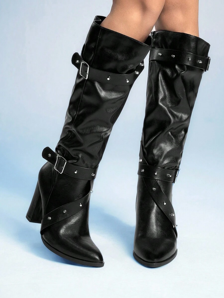 Sugerpunk 2025春秋新款女士尖头粗跟扣铆钉高筒靴，百搭马术风格 - 黑色 - 查看 1
