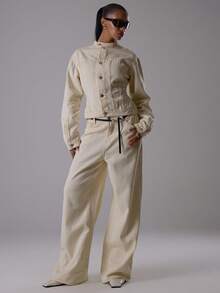 MUSERA 赛车领纽扣修身收腰落肩牛仔夹克，优雅夜生活性感可爱酷女孩街头风，冬季派对时尚之选。 - 杏色 - 查看 5