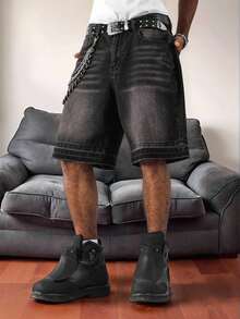 STEELVANCE 男士宽松阔腿休闲牛仔短裤，春夏休闲街头风格 - 黑色 - 查看 2