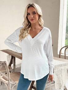 SHEIN Maternity Loose Fit Jacquard Hollow V-Neck Long Sleeve T-Shirt - White - View 1