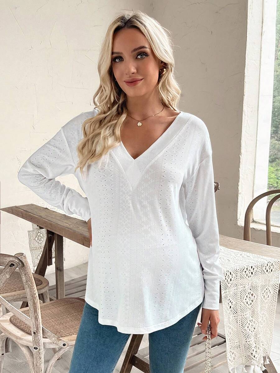 SHEIN Maternity Loose Fit Jacquard Hollow V-Neck Long Sleeve T-Shirt - White - View 1