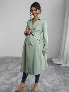 Momance Solid Color Front Pocket Pleated Casual Maternity Regular Jacket - Green - View 4