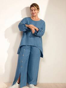 Momelise Plus Size Women Solid Color Round Neck Adjustable Long Sleeve Asymmetrical Hem Top And Long Button Slit Casual Pants Set - Blue - View 6