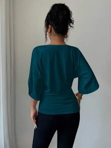 Elenzga Women's Solid Color Batwing Sleeve V-Neck Short Sleeve T-Shirt