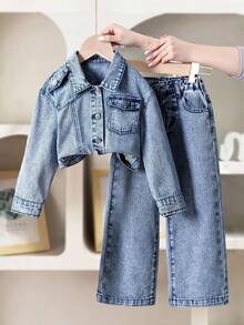 2 piezas Conjunto de Denim para Niñas, Chaqueta de Denim Corta Estilo Vintage + Jeans de Pierna Recta Holgada, Conjunto de Denim de Moda para Primavera/Otoño, Perfecto para Vacaciones y Salidas Casuales - Azul lavado medio - Ver 1