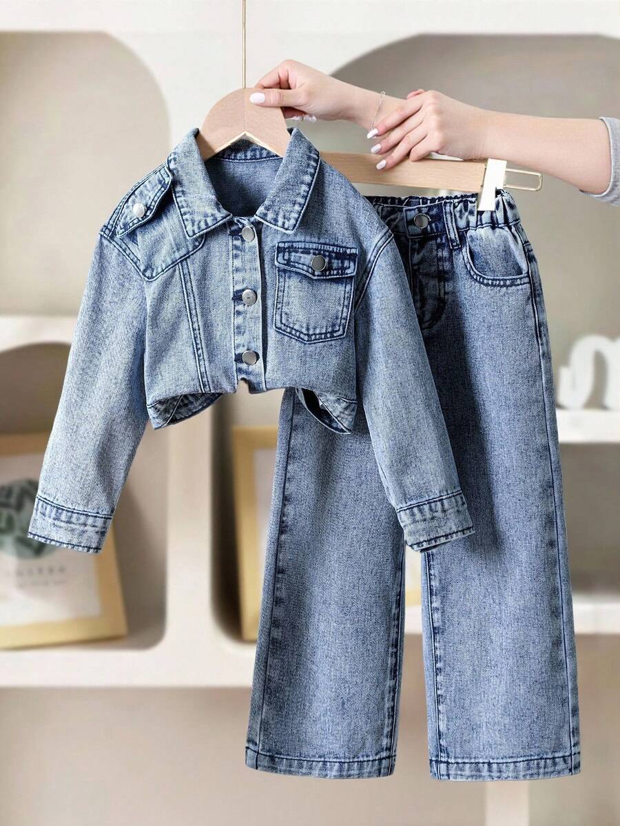 2 piezas Conjunto de Denim para Niñas, Chaqueta de Denim Corta Estilo Vintage + Jeans de Pierna Recta Holgada, Conjunto de Denim de Moda para Primavera/Otoño, Perfecto para Vacaciones y Salidas Casuales - Azul lavado medio - Ver 1