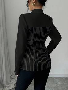 Elenzga 时尚通勤单排扣条纹拼布衬衫 - 黑與白 - 查看 2