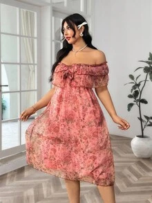 Soleia 粉色網紗花卉露肩無背蝴蝶結腰帶浪漫休閒假日大碼雙層荷葉邊連衣裙 - 粉色 - 查看 5