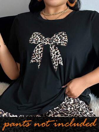 SHEIN ZzzCrew Fashionable Leopard Print Bow Decor Round Neck Short Sleeve Casual Loose Fit Sleepwear Top, Plus Size