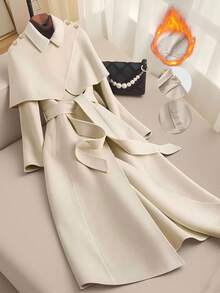 Franclia Manteau enveloppant élégant grande taille avec ceinture à nœud et boucle métallique, ensemble 2 pièces, manteau beige automne/hiver, manteau crème, manteau cape, manteau femme, manteau élégant - Nude - Voir 1
