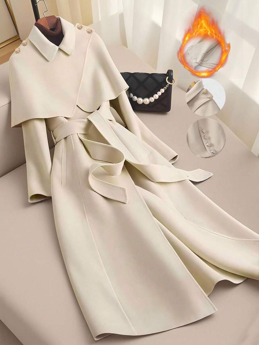 Franclia Manteau enveloppant élégant grande taille avec ceinture à nœud et boucle métallique, ensemble 2 pièces, manteau beige automne/hiver, manteau crème, manteau cape, manteau femme, manteau élégant - Nude - Voir 1