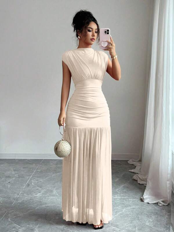 Elenzga Fashionable New Solid Red Mock Neck Sleeveless Sexy Hollow-Out Mesh Patchwork Pleated A-Line Dress, Suitable For Graduation Party, Holiday Events, Date