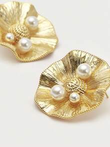 Opalesca 1 对珍珠/珍珠母，纹理，金属/金属饰面，3D 花朵/花卉耳钉，适合工作、休闲、优雅、可爱、奢华、婚礼、节日、度假、露营、Y2K、妈妈、女士、女孩、秋季、冬季、节日、假日、度假、老钱、万圣节 - 金色 - 查看 6