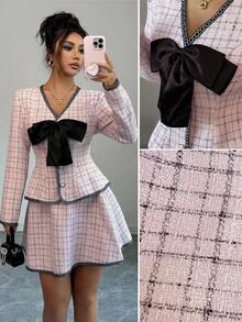 Elenzga V-Neck Bow Design Floral Tweed Jacket & Skirt 2 Pieces Set, Elegant & Sophisticated For Commute, Date, Formal Occasions, Autumn/Winter - Pink - View 1