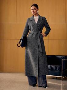 MOTF PREMIUM WOOL LAPEL COLLAR DOUBLE BREASTED PLACKET BELTED LONG OVERCOAT - Dark Grey - View 8