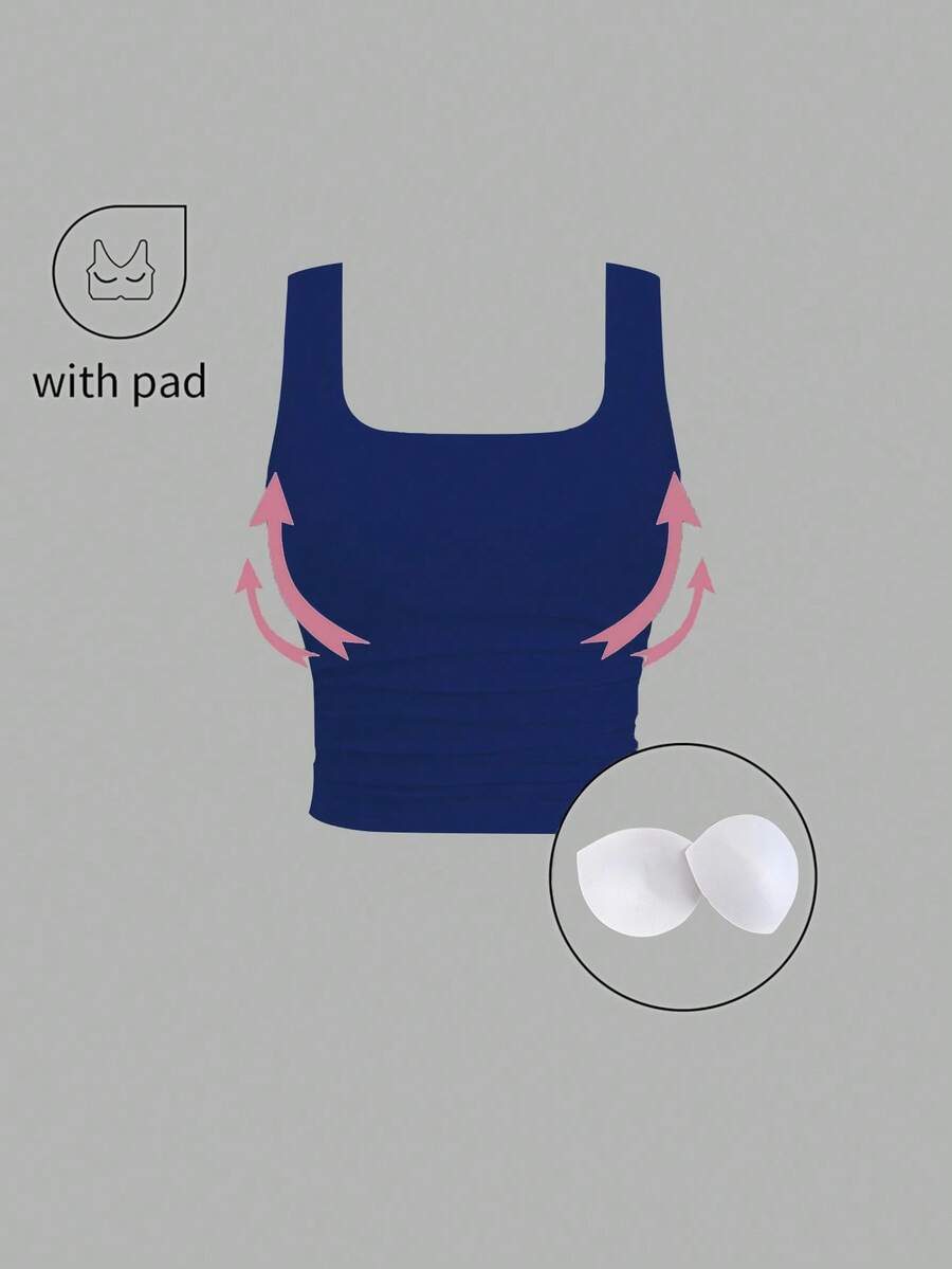 Sweetra Women's Solid Color Square Neck Sleeveless Casual Fitted Tank Top With Chest Pads - Blue - View 1