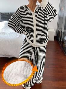 DAZY 2件套女士条纹连帽宽松针织长袖上衣和裤子睡衣套装，秋冬季休闲家居服，秋季服装，舒适保暖内衬，蓬松柔软 - 彩色 - 查看 3