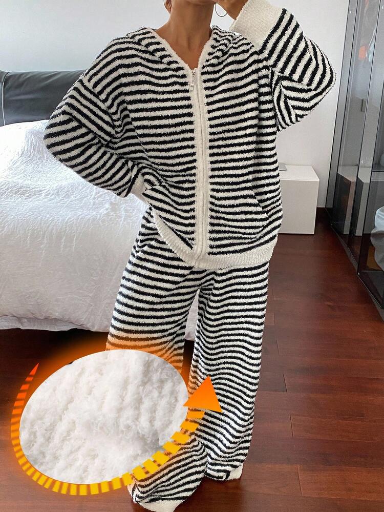 DAZY Set de 2 piezas de pijama con top de manga larga holgado de punto a rayas y pantalones para mujer, ropa de estar por casa casual para otoño/invierno, ropa de otoño, conjunto cálido y esponjoso con forro térmico - Multicolor - Añade 3