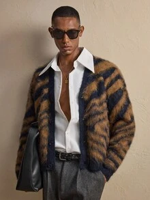 AKNOTIC 男士新款开襟羊毛衫，豹纹抓绒休闲外套，适合秋冬季节，可手洗或干洗，圣诞节、新年必备单品 - 藍色 - 查看 1