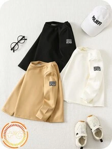 SHEIN 3 pièces/set T-shirt à col ras du cou épais à manches longues pour jeune garçon, hauts de base polyvalents et confortables, convenant pour l'intérieur, l'extérieur, le port quotidien, les sports, les jeux, les fêtes, les séances photo, la rentrée scolaire, les festivals comme Halloween, Noël, Nouvel An, l'automne/hiver - Multicolore - Voir 3