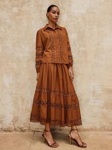 SHEIN Privé VITNOS Women's Elegant Autumn Skirt,All Shades Of Brown Bohemian Drawstring Waist Contrast Lace Ruffle Hem,Vintage Victorian Style For Tea Party - Brown - View 6