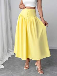 Firerie 新款休闲百搭轻薄仿亚麻喇叭裙，夏日度假波西米亚风优雅休闲裙 - 黃色 - 查看 6