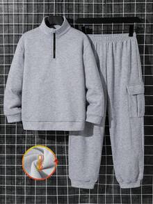 SHEIN 2pcs Tween Boy Stand Collar Sweatshirt With Cargo Pockets & Sweatpants Set, Casual Tracksuit Suitable For Autumn/Winter Leisure, Sports, School Fall - Grey - View 10
