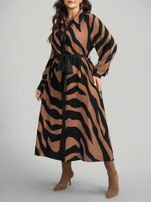 Comfylo Damen Große Größen Zebra-Muster Langarm Einreiher Lässig Hemdblusenkleid - Verschiedenfarbig - Übersicht 3