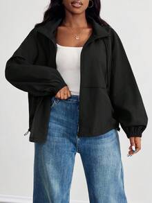 SHEIN PETITE CURVE 大码纯色前拉链长袖休闲连帽防晒轻便夹克 - 黑色 - 查看 6