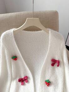 1 Áo len cardigan cho bé gái, phong cách ngọt ngào với họa tiết nơ dâu tây 3D, áo len cardigan màu trắng, thiết kế mềm mại và thân thiện với làn da, áo khoác len thời trang và dễ thương, đa năng để mặc hàng ngày và đi chơi, thích hợp cho mùa xuân/thu - trắng - Xem 6